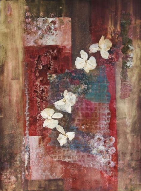 Falling Petals I, mixed media collage, 24"H x 19"H - SOLD