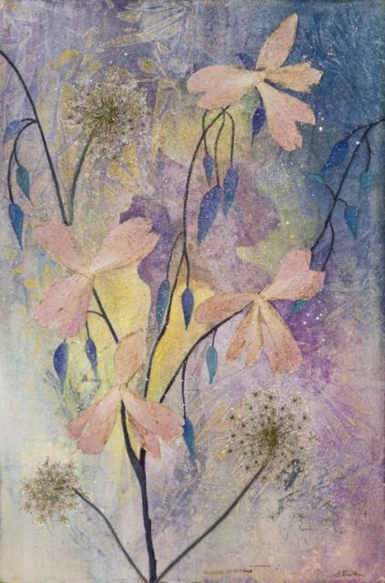 Petals III, mixed water media collage, 20"H x 12.5"W - SOLD