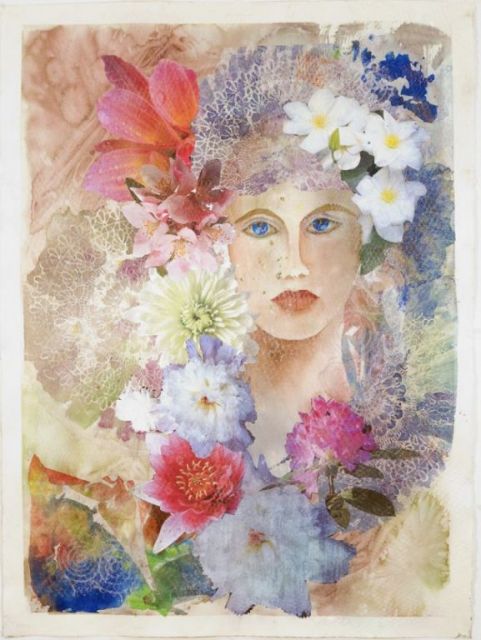 Flower Lady,  mixed water media collage, 30"H x 22"W